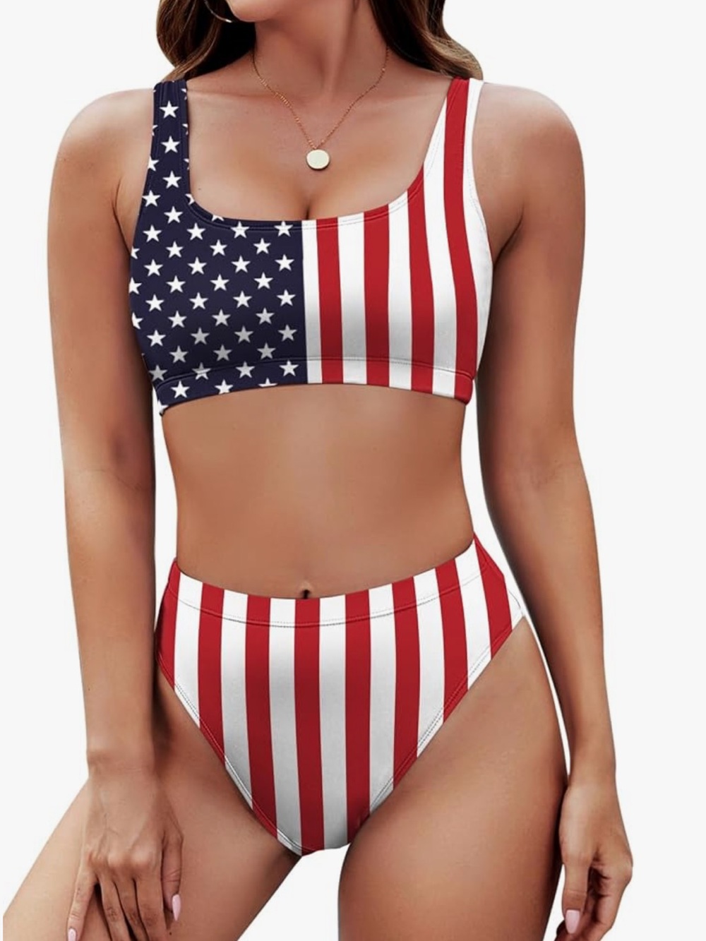 Pink Queen Womens Crop High Waisted Cheeky USA American Flag 2Pc Bikini Set L